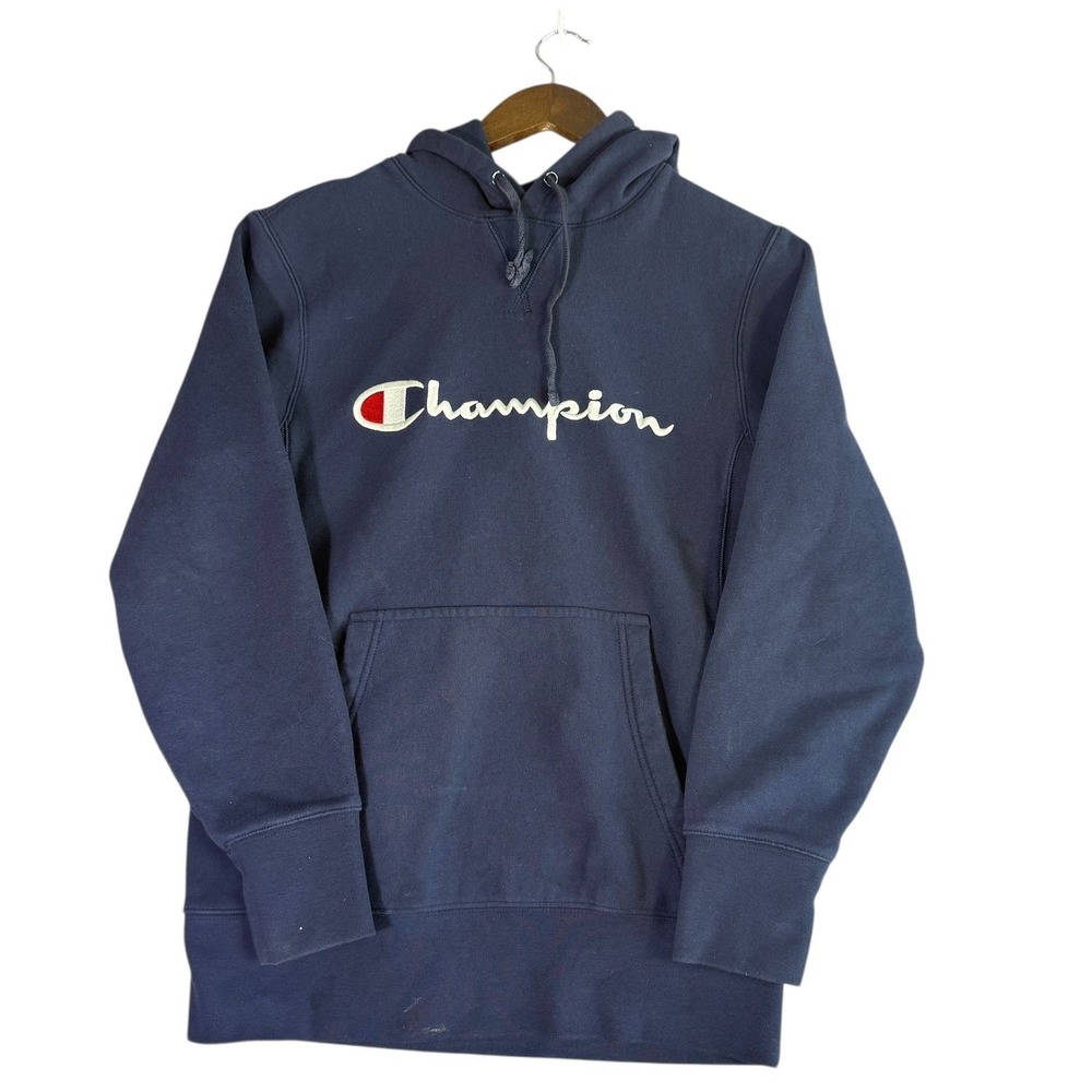 Champion Reverse Weave Navy Blue Script Logo Hoodie Mens Small Sweatshirt